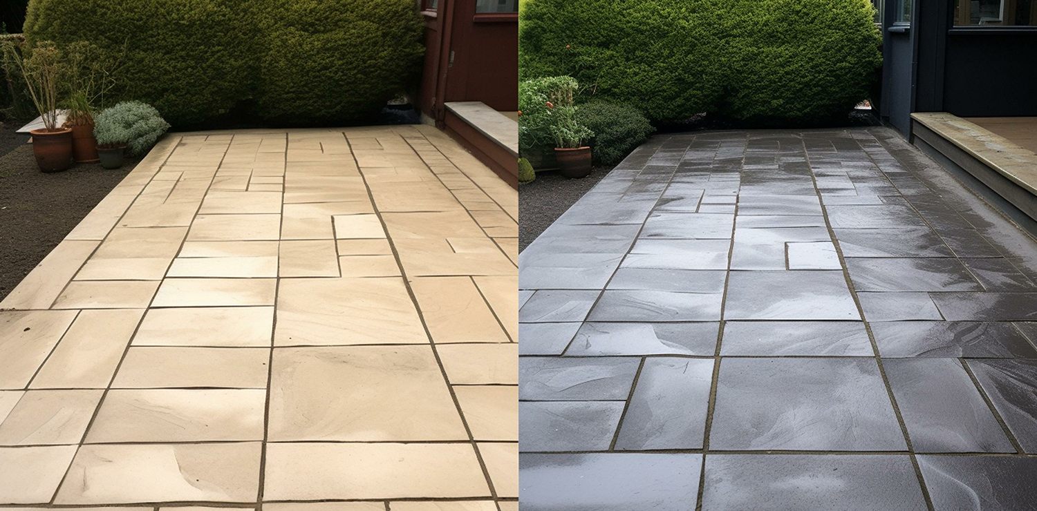 Comparison of patio pavers before and after pressure washing and sealing